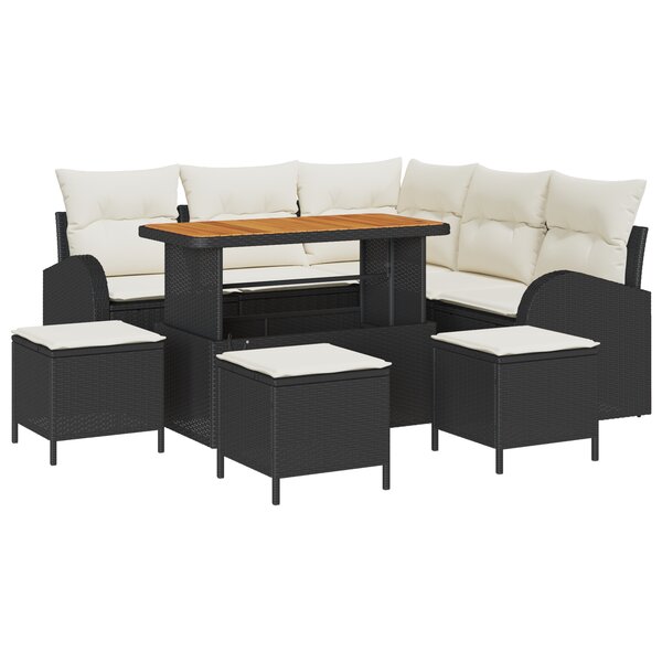 Ensemble de Sofa de Jardin 9 Pièces avec Coussins Noir Poly Rattan Acacia