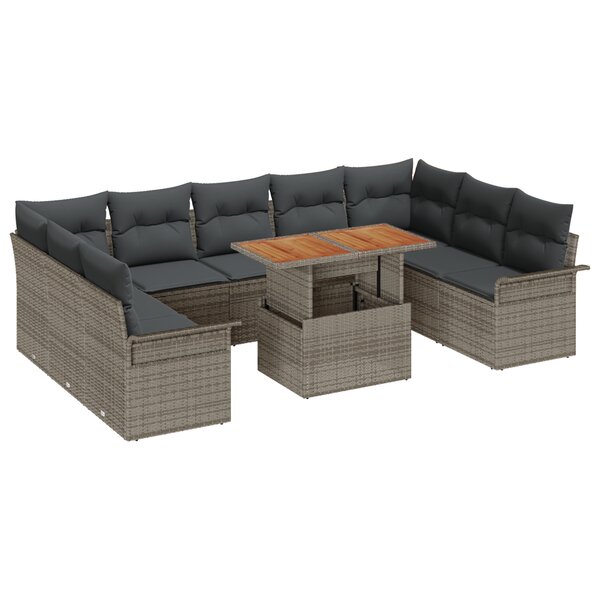 vidaXL Ensemble de jardin de 10 pièces avec coussins en poly rattan gris et acacia