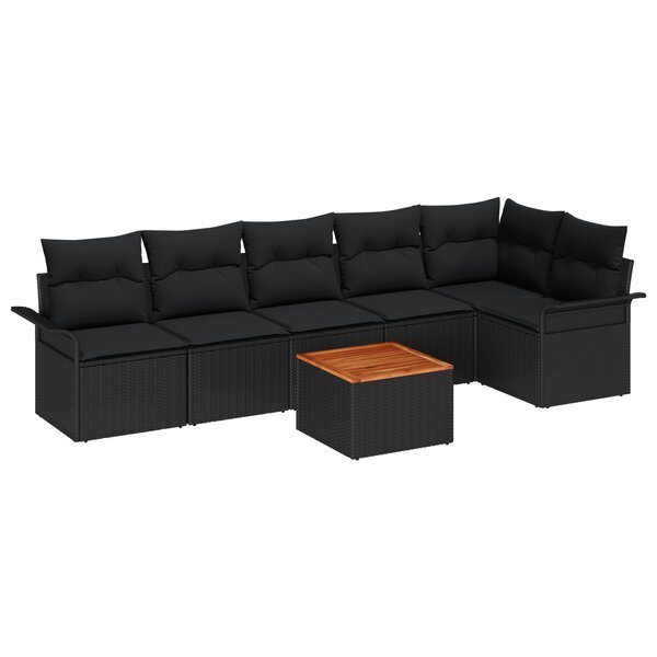 vidaXL Ensemble de Canapé de Jardin 7 Pièces avec Coussins Noir Poly Rattan Acacia
