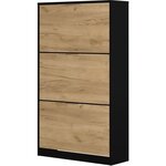 Meuble à chaussure 3 portes décor chêne et noir 75 x 25 x 128 cm