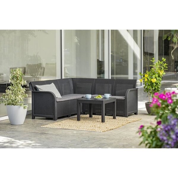 ALLIBERT by KETER - Canap‚ d'angle SanRemo 5 places imitation rotin tressé avec table basse - gris graphite