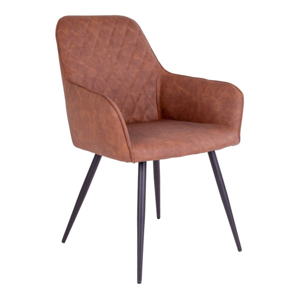Chaise de salle à manger à accoudoirs en cuir synthétique marron vintage avec pieds noirs