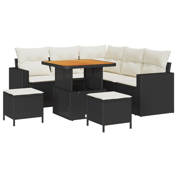 Ensemble de Canapés de Jardin 8 pièces avec Coussins Noir Poly Rattan Acacia
