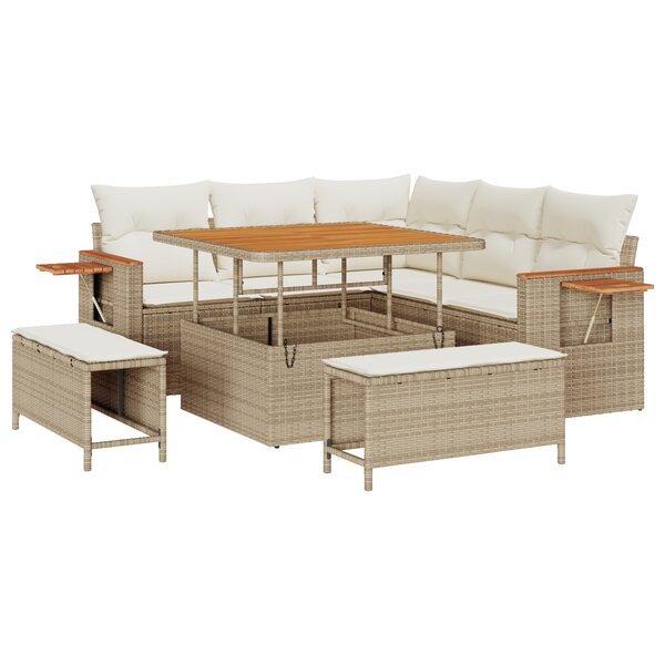 Canapé de Jardin 8 Pièces avec Coussins Beige Rattan Poly Acacia