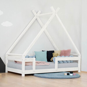 Lit Tipi enfant avec barrière bois massif blanc 90 x 160 cm