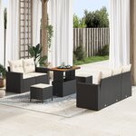 Ensemble de canapés de jardin de 8 pièces avec coussins noir poly rattan acacia