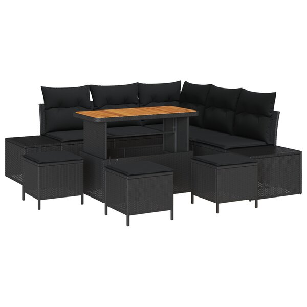 Ensemble de canapé de jardin 9 pièces avec coussins en noir poly rotin
