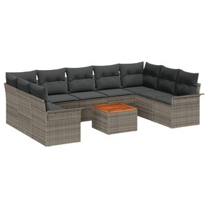 vidaXL Ensemble de Canapé de Jardin 10 Pièces avec Coussins Gris Poly Rattan Acacia