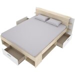 Lit adulte - 140 x 190 cm - 3 tiroirs + Tête de lit avec rangement - chêne et blanc