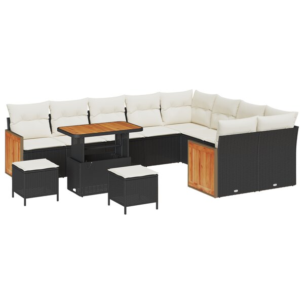 vidaXL Ensemble de canapés de jardin 12 pièces avec coussins Noir Poly Rattan Acacia