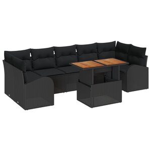Canapé de Jardin 8 Pièces avec Coussins Noir Rattan Poly