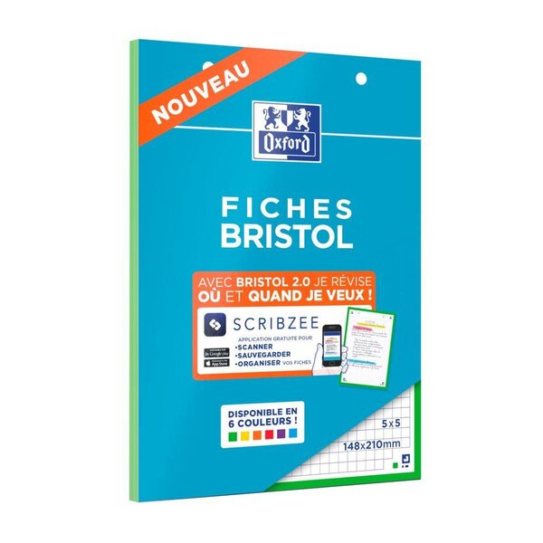 Bloc de 30 Fiches Bristol Perforées 2.0 A5 Q5/5 Bordures vertes OXFORD