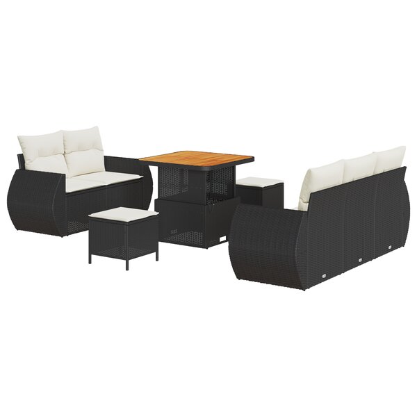 Ensemble de Canapés de Jardin 8 Pièces avec Coussin Noir Poly Rattan Acacia