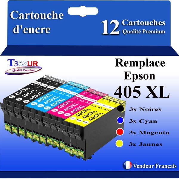 T3AZUR - 12x Cartouches compatibles avec Epson WorkForce Pro WF-4830DTWF (3Noires + 3Cyan + 3 Magenta + 3 Jaunes)
