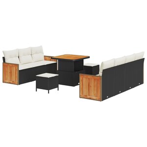 Ensemble de Canapés de Jardin 10 Pièces avec Coussins en Noir Rattan et Acacia