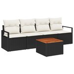 Canapé de jardin 5 pièces avec coussins noir en poly rotin et acacia