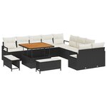 Set de canapé de jardin de 13 pièces avec coussins en poly rotin noir et acacia