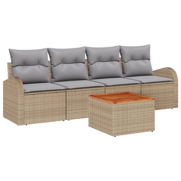 vidaXL Ensemble Canapé de Jardin 5 Pièces avec Coussins Beige Poly Rattan Acacia