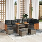 Ensemble de canapé de jardin de 10 pièces avec coussins gris poly rotin acacia