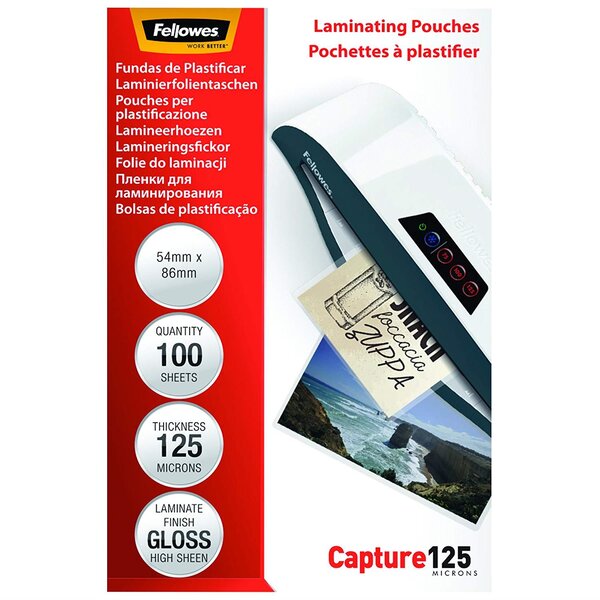 Pochette à plastifier Brillantes 54 x 86 mm 250 microns (2x125) Pack de 100 FELLOWES