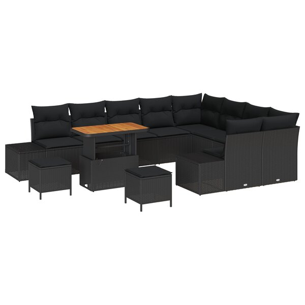 Ensemble de canapé de jardin de 12 pièces avec coussins Noir Poly Rattan