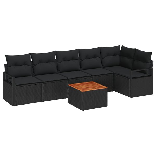 Canapé de jardin 7 pièces avec coussins noir poly rotin acacia