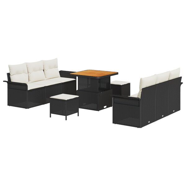 Ensemble de Canapé de Jardin 9 Pièces avec Coussins Rattan Synthétique Noir Acacia