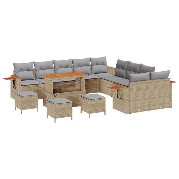 Ensemble de Canapé de Jardin de 14 Pièces avec Coussins Beige en Rotin Synthétique