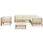 Salon de jardin meuble d'extérieur ensemble de mobilier 8 pièces avec coussins blanc crème bambou 02_0017482