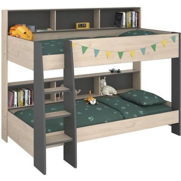 Lits superposés enfant - chêne Jackson et Gris Ombre - Sommiers inclus - 2 x 90 x 200 cm