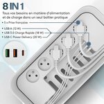 ACROPAQ Boite Cache Cable 8-en-1 - Range Cable avec Multiprise - 5 Prises  3 USB A  Câble 2M - Boîtier de Rangement Prise Electrique