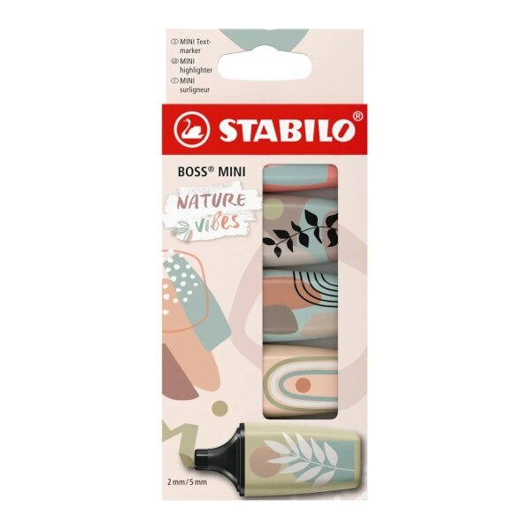 Pack de 5 marqueurs fluorescents Stabilo Boss Mini Naturevibes - Trait de 2 à 5 mm - Encre à l'eau - Anti-dessèchement - Vert boue  vert terre  terre de Sienne  beige et gris chaud