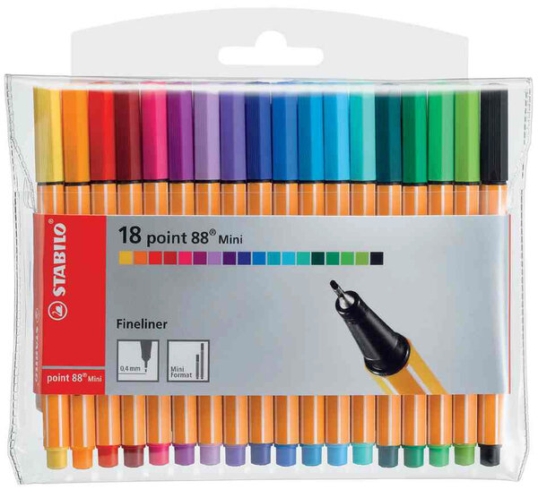 Etui de 18 feutres fineliner point 88 mini assortis x 10 stabilo
