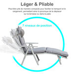 Bain de soleil pliable transat inclinable 7 positions chaise longue grand confort avec matelas + accoudoirs métal époxy textilène polyester gris