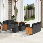 Ensemble de Canapé de Jardin de 9 Pièces avec Coussins Noir Rattan Acacia