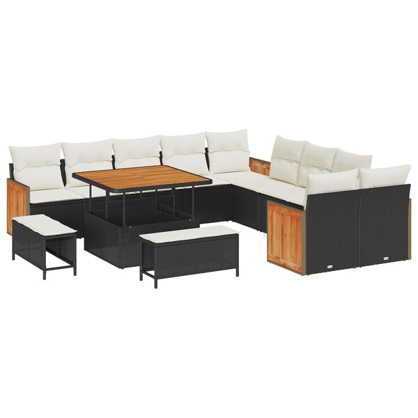Ensemble de sofa de jardin 13 pièces avec coussins noir poly rotin acacia