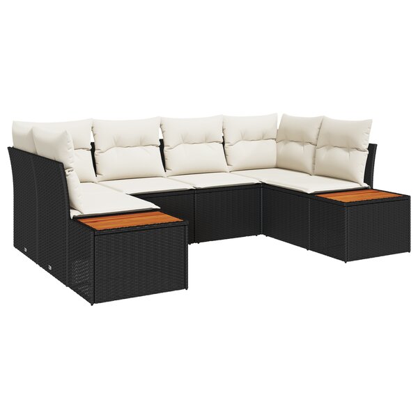 Ensemble de Canapés de Jardin 6 Pièces avec Coussins Noir Poly Rattan Acacia