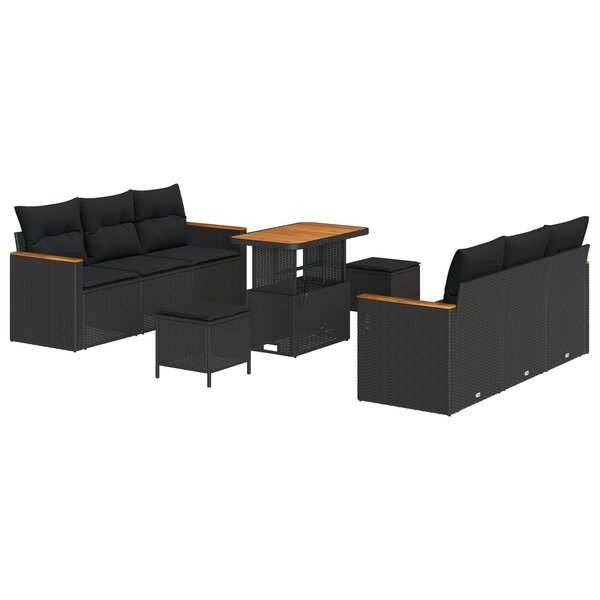 Ensemble de Canapé de Jardin 9 Pièces avec Coussins Noir Rattan Poly Acacia
