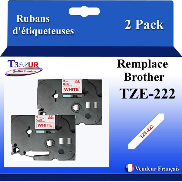 2x Rubans d'étiqueteuses compatibles avec Brother Tze222  Tze-222 pour étiqueteuses P-touch - Texte rouge sur fond blanc - Largeur 9 mm x 8 mètres - T3AZUR