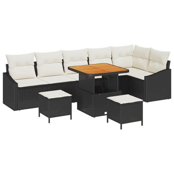 Ensemble de canapé de jardin 9 pièces avec coussins noirs en Poly Rattan