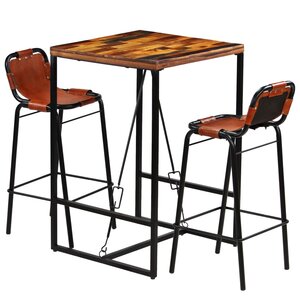 vidaXL Ensemble de bar 3 Pièces Bois massif recyclé et cuir de chèvre