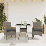 vidaXL Ensemble à manger de jardin et coussins 3 Pièces gris rotin verre