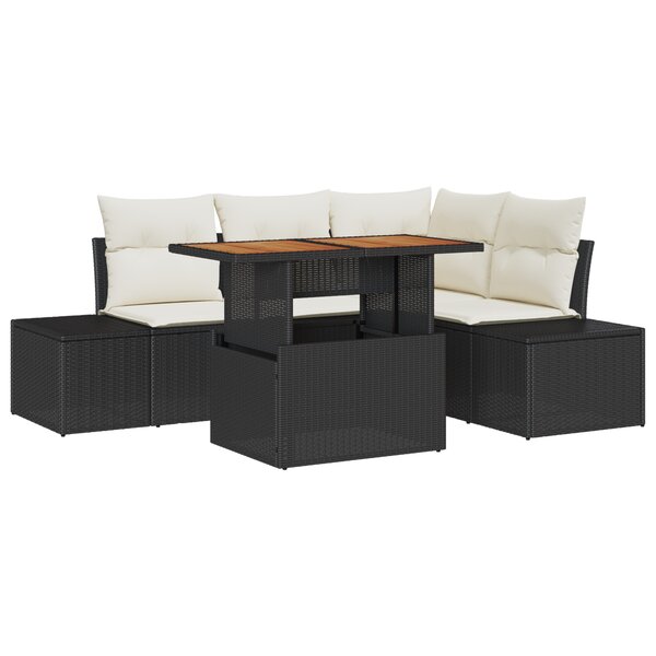vidaXL Ensemble de salle à manger de jardin 5 pièces avec coussins Noir Poly Rattan Acacia