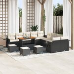 Ensemble de Canapé de Jardin de 14 Pièces avec Coussins Noir Rattan Poly Acacia