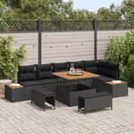 Canapé de jardin 9 pièces avec coussins Noir Poly Rattan Acacia