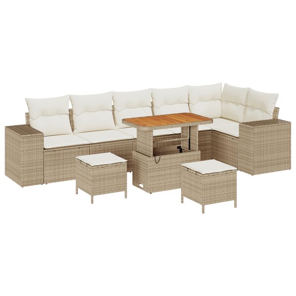 Ensemble de Canapé de Jardin 9 Pièces avec Coussins Beige Poly Rattan Acacia