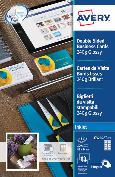 Carte de visite avery quick and clean format 85 x 54 mm blanche - 250 gr - pochette de 80