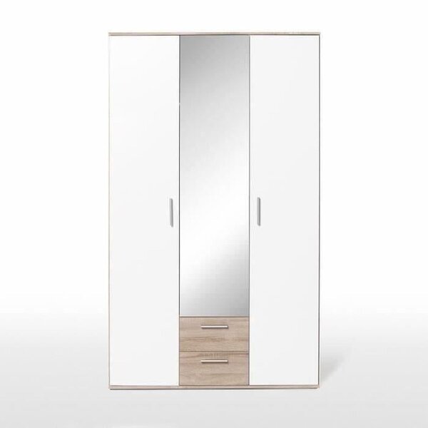 Armoire battante - Panneaux de particules - Blanc et chêne - 3 portes et 2 tiroirs + miroir - 121 x 54 x 200 1 cm - SELKEA