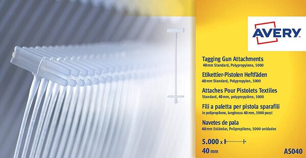 Boite de 5000 attaches textiles en polypropylène pour pistolet, longueur 40 mm. AVERY