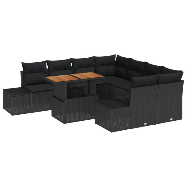 vidaXL Ensemble de salle à manger de jardin de 9 pièces avec coussins en poly rotin noir et acacia